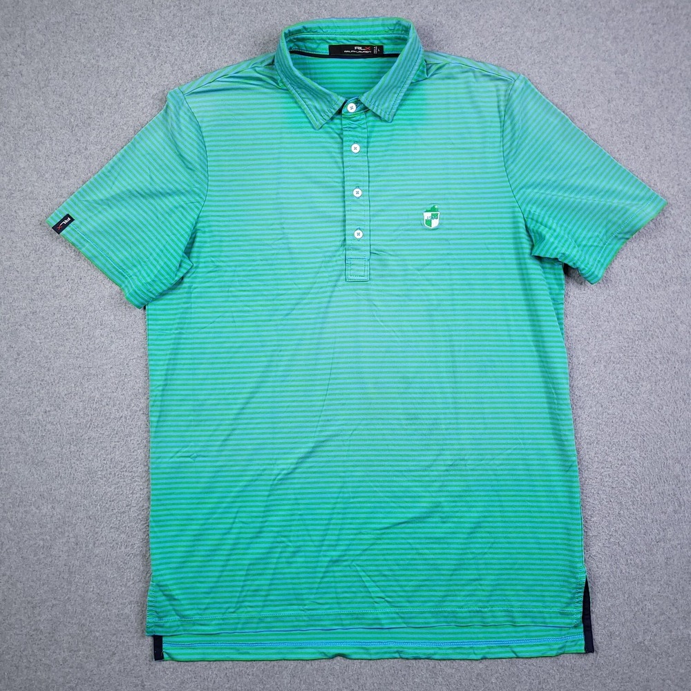 RLX Ralph Lauren Polo Shirt Large Golf Blue Green Stripe Virginia Mens